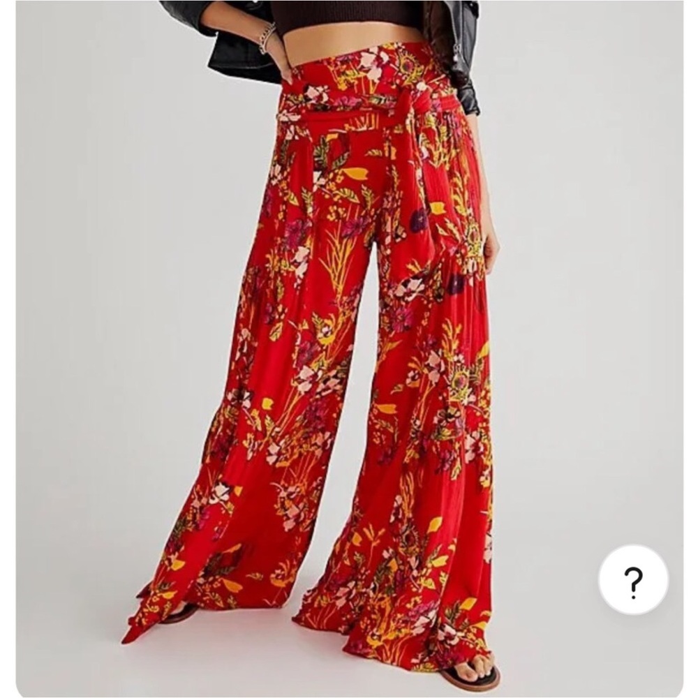 Free People FP One Aloha Floral Printed Wide Leg Flare Loose Pant M Tie Boho - Picture 2 of 10